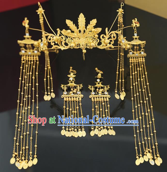 Handmade Chinese Ancient Wedding Bride Golden Phoenix Coronet Tassel Hairpins Traditional Hanfu Hair Accessories for Women