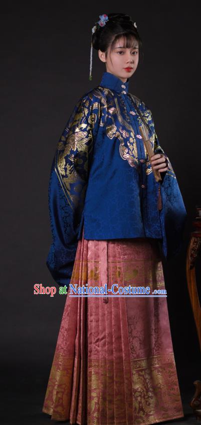 Chinese Ancient Princess Blue Brocade Blouse and Pink Skirt Traditional Ming Dynasty Imperial Consort Historical Costume for Women