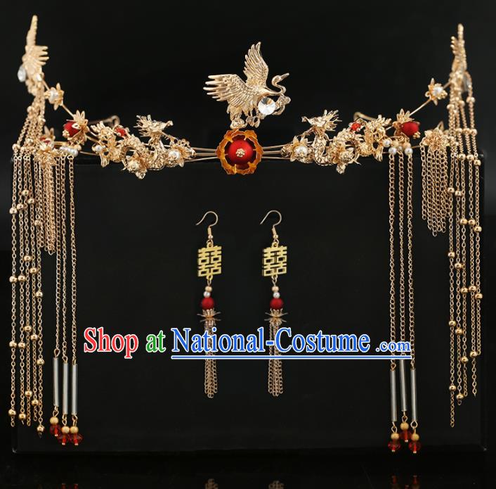 Handmade Chinese Ancient Wedding Bride Crane Hair Clasp Tassel Hairpins Traditional Hanfu Hair Accessories for Women