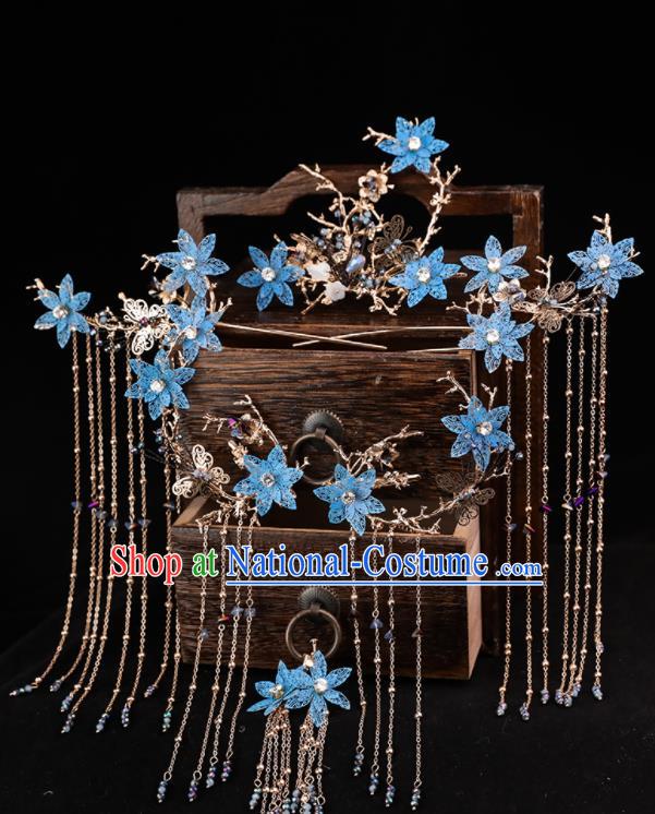 Handmade Chinese Wedding Hairpins Blue Flowers Phoenix Coronet Ancient Traditional Hanfu Hair Accessories for Women