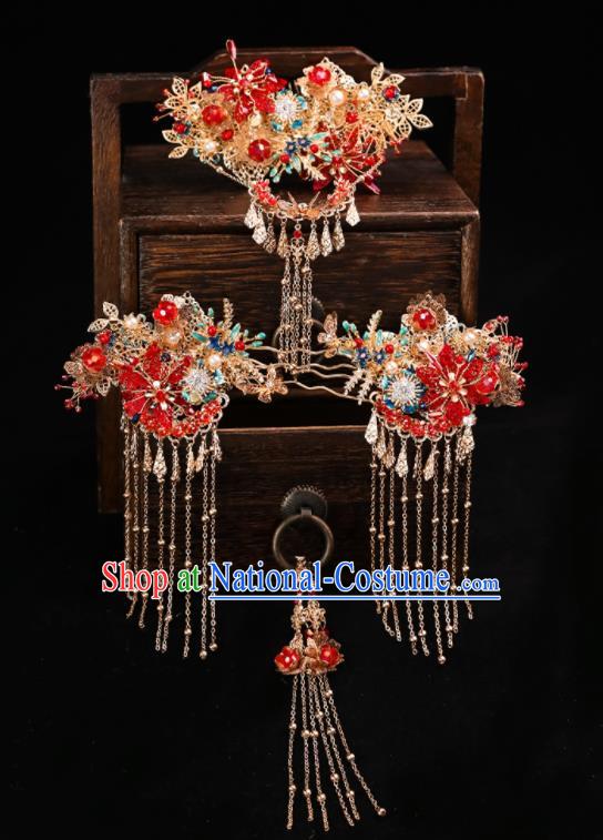 Handmade Chinese Wedding Red Flowers Hair Comb Hairpins Ancient Traditional Hanfu Hair Accessories for Women