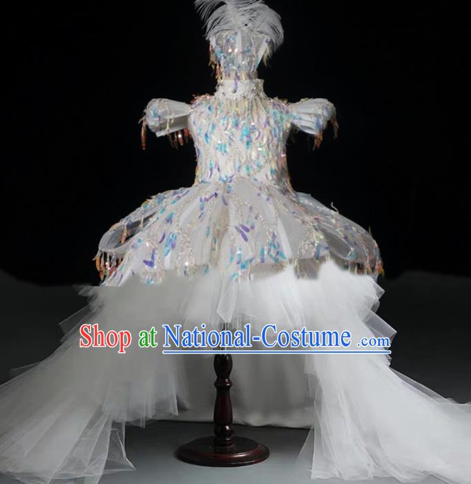 Top Grade Stage Show Costume Catwalks Princess White Veil Trailing Dress for Kids