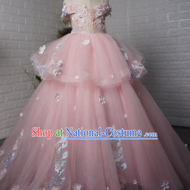 Top Grade Modern Fancywork Court Princess Pink Veil Dress Catwalks Compere Stage Show Dance Costume for Kids