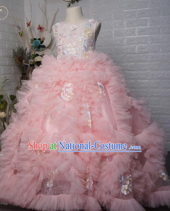 Top Grade Modern Fancywork Court Princess Pink Veil Trailing Dress Catwalks Compere Stage Show Dance Costume for Kids