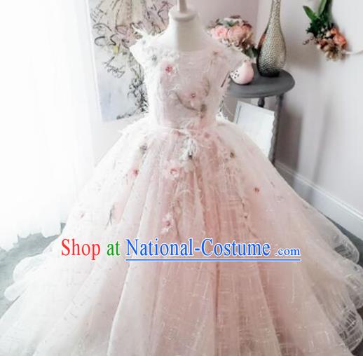 Top Grade Modern Fancywork Court Princess Pink Dress Catwalks Compere Stage Show Dance Costume for Kids