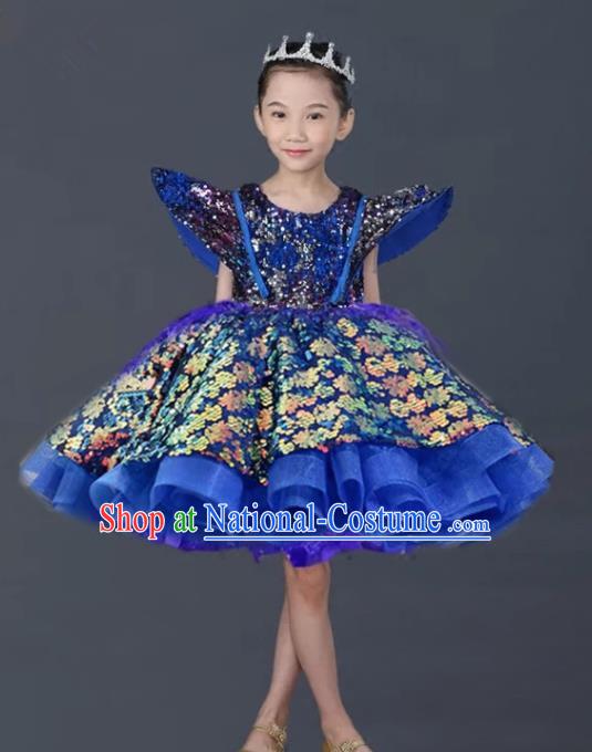 Top Grade Stage Show Costume Catwalks Princess Royalblue Bubble Short Dress for Kids