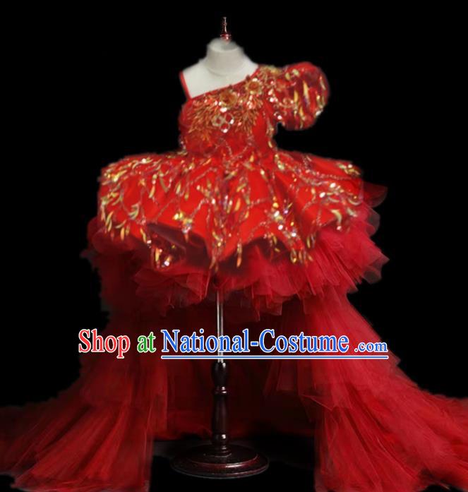 Top Grade Stage Show Costume Catwalks Princess Red Veil Paillette Trailing Full Dress for Kids