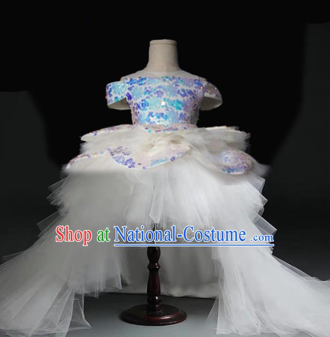 Top Grade Stage Show Costume Catwalks Princess White Veil Trailing Full Dress for Kids