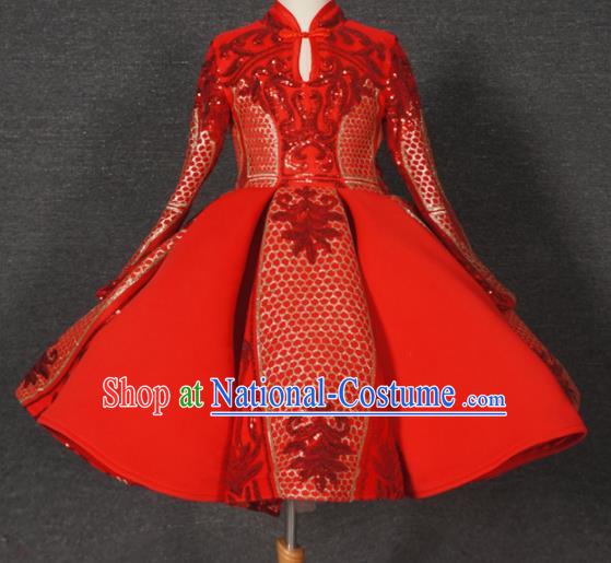 Top Grade Chinese Stage Performance Costume Catwalks Dance Embroidered Red Full Dress for Kids