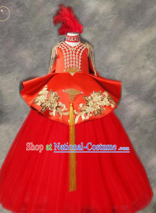 Top Grade Chinese Stage Performance Costume Catwalks Dance Embroidered Red Long Full Dress for Kids