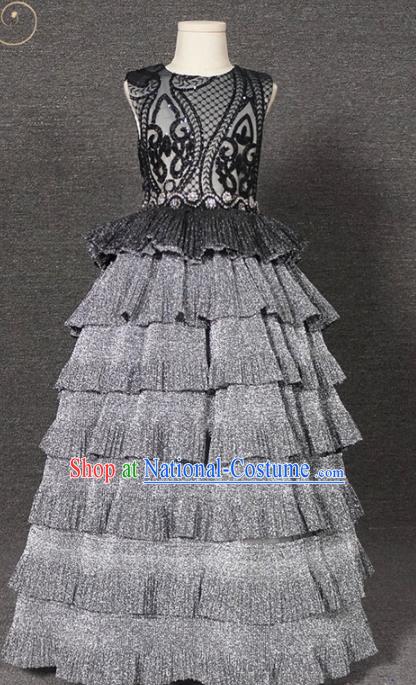 Top Grade Modern Fancywork Court Princess Grey Dress Catwalks Compere Stage Show Dance Costume for Kids