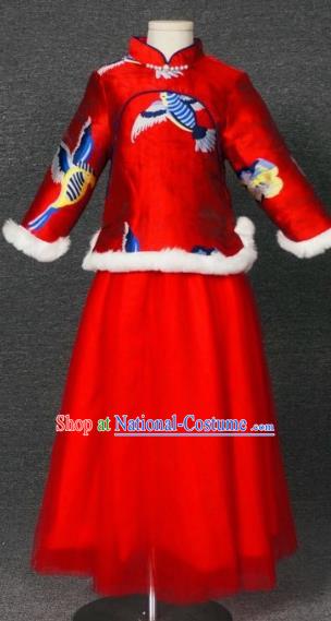 Top Grade Chinese Stage Performance Red Costume Catwalks Dance Embroidered Full Dress for Kids