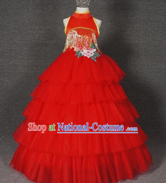 Top Grade Chinese Stage Performance Red Full Dress Catwalks Dance Embroidered Costume for Kids