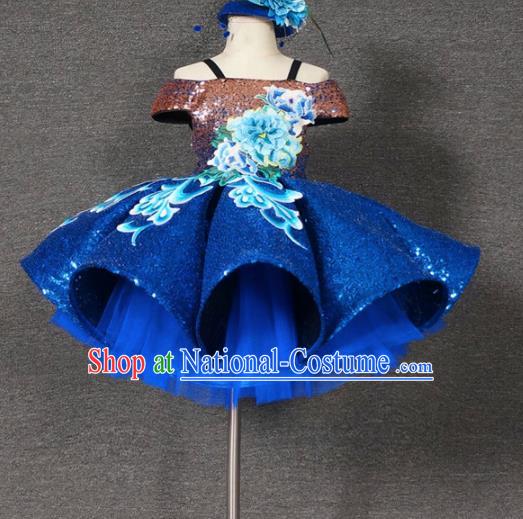 Top Grade Chinese Stage Performance Blue Bubble Full Dress Catwalks Dance Embroidered Costume for Kids