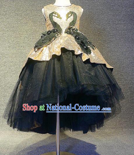 Top Grade Modern Fancywork Court Princess Black Veil Swan Dress Catwalks Compere Stage Show Dance Costume for Kids