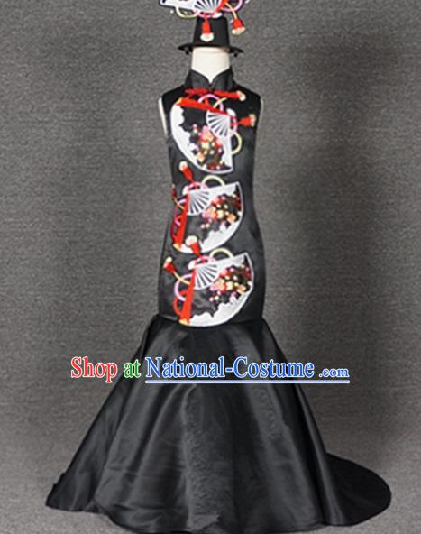 Top Grade Chinese Stage Performance Black Qipao Full Dress Catwalks Dance Embroidered Costume for Kids