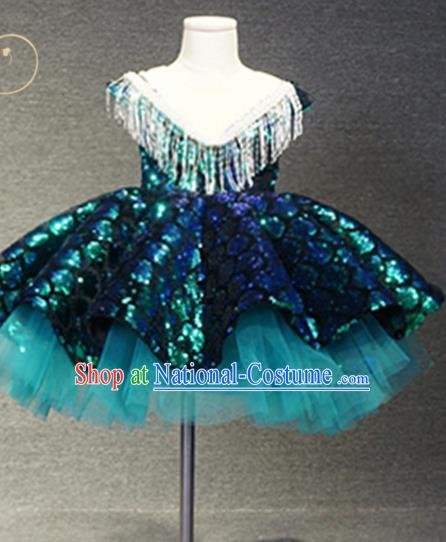 Top Grade Modern Fancywork Court Princess Green Paillette Dress Catwalks Compere Stage Show Dance Costume for Kids