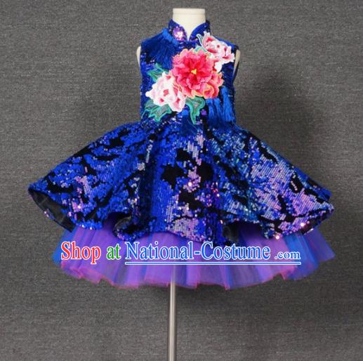 Top Grade Chinese Stage Performance Royalblue Paillette Full Dress Catwalks Dance Embroidered Costume for Kids