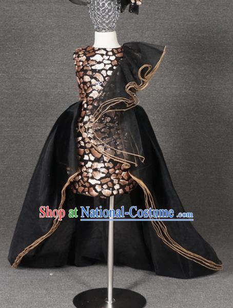 Top Grade Modern Fancywork Court Princess Black Veil Trailing Dress Catwalks Compere Stage Show Dance Costume for Kids