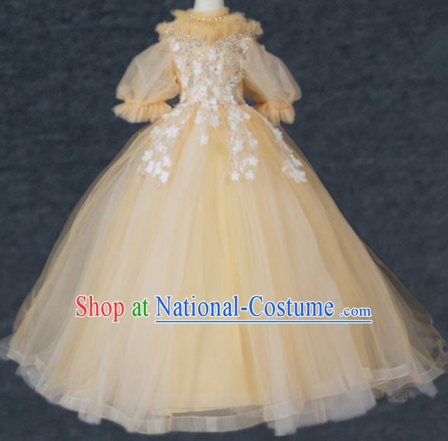 Top Grade Modern Fancywork Court Princess Yellow Veil Trailing Dress Catwalks Compere Stage Show Dance Costume for Kids