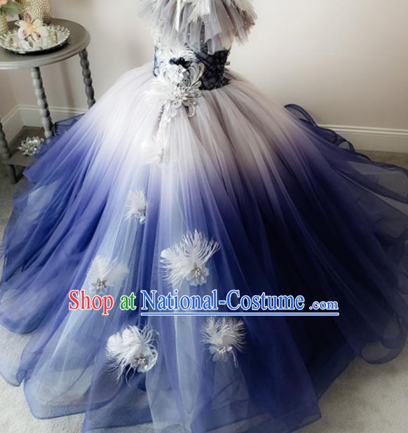 Top Grade Stage Show Costume Catwalks Princess Deep Blue Veil Bubble Full Dress for Kids