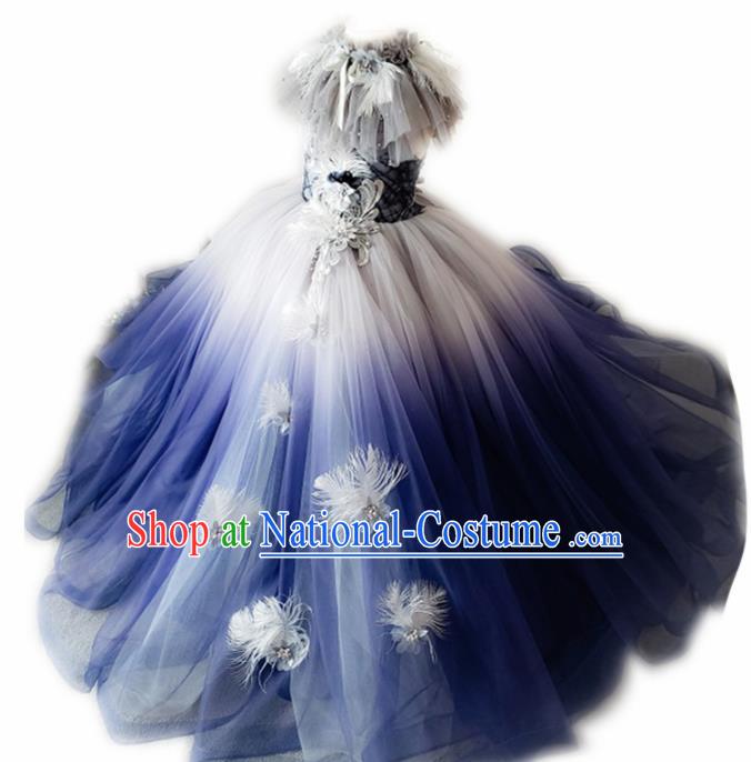 Top Grade Stage Show Costume Catwalks Princess Deep Blue Veil Bubble Full Dress for Kids