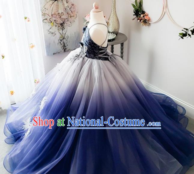 Top Grade Stage Show Costume Catwalks Princess Deep Blue Veil Bubble Full Dress for Kids