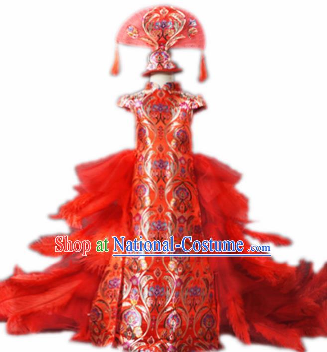 Chinese Stage Performance Red Feather Trailing Qipao Full Dress Catwalks Modern Fancywork Dance Costume for Kids