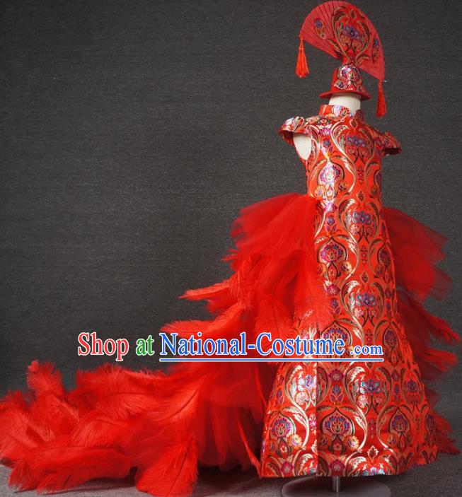 Chinese Stage Performance Red Feather Trailing Qipao Full Dress Catwalks Modern Fancywork Dance Costume for Kids