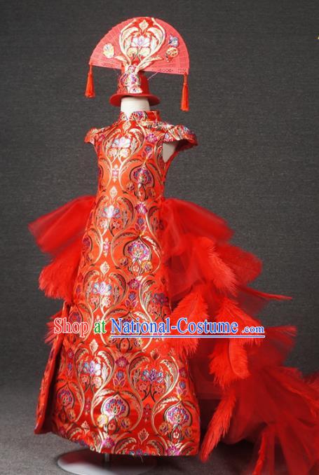 Chinese Stage Performance Red Feather Trailing Qipao Full Dress Catwalks Modern Fancywork Dance Costume for Kids