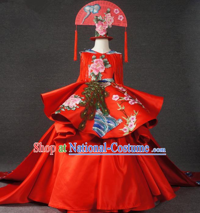 Chinese Stage Performance Embroidered Red Trailing Full Dress Catwalks Modern Fancywork Dance Costume for Kids