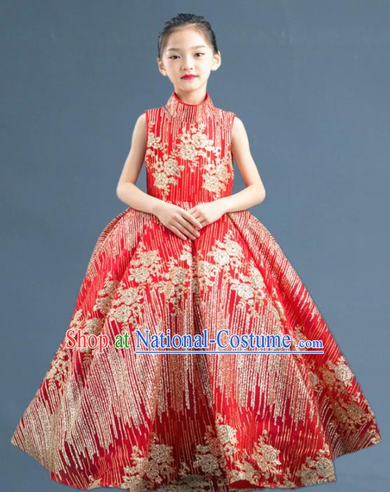 Top Grade Catwalks Court Princess Red Dress Compere Modern Fancywork Stage Show Dance Costume for Kids