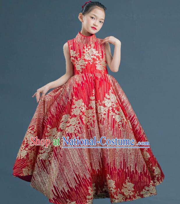 Top Grade Catwalks Court Princess Red Dress Compere Modern Fancywork Stage Show Dance Costume for Kids