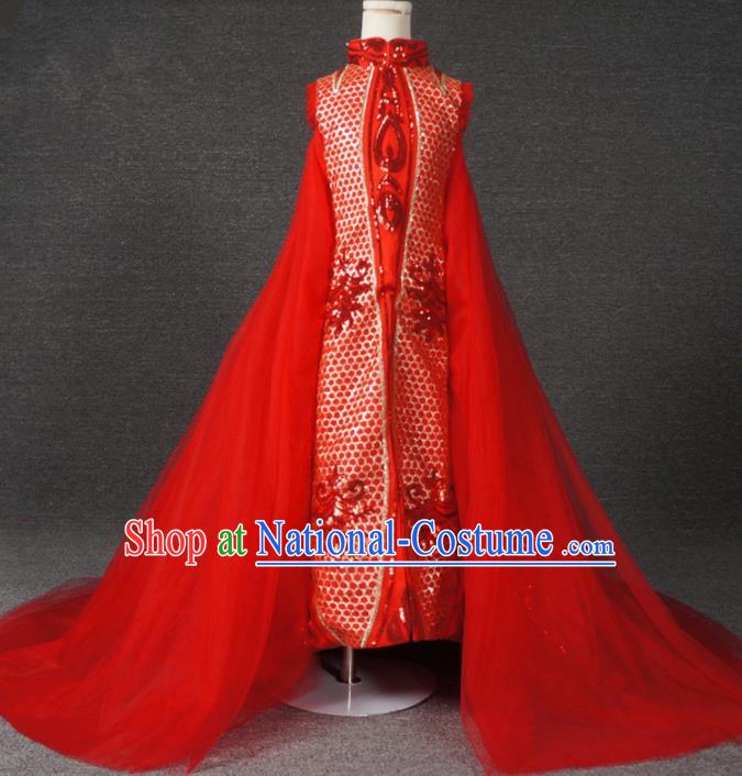 Chinese Stage Performance Embroidered Red Veil Trailing Full Dress Catwalks Modern Fancywork Dance Costume for Kids