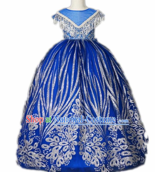 Top Grade Catwalks Court Princess Royalblue Dress Compere Modern Fancywork Stage Show Dance Costume for Kids