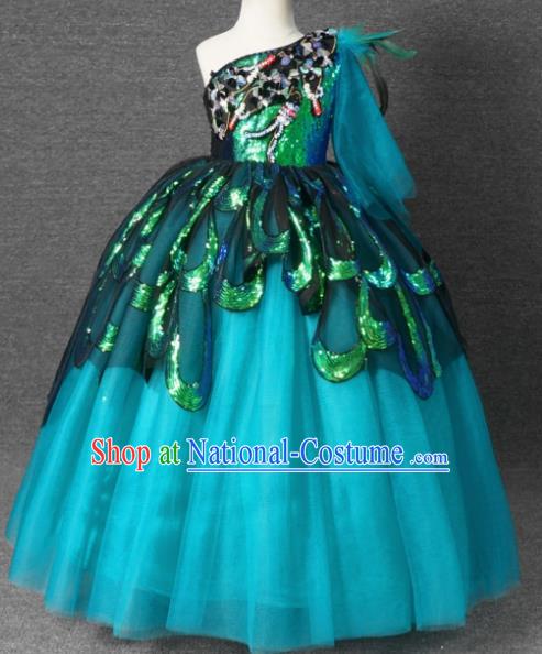 Top Grade Catwalks Court Princess Green Paillette Dress Compere Modern Fancywork Stage Show Dance Costume for Kids