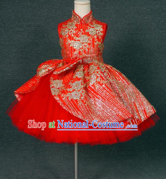 Chinese Stage Performance Embroidered Full Dress Red Qipao Catwalks Modern Fancywork Dance Costume for Kids