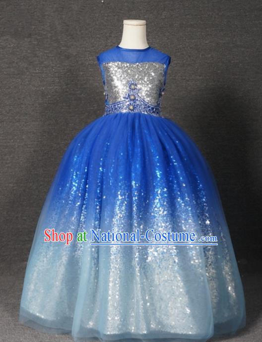 Top Grade Catwalks Court Princess Blue Veil Dress Compere Modern Fancywork Stage Show Dance Costume for Kids