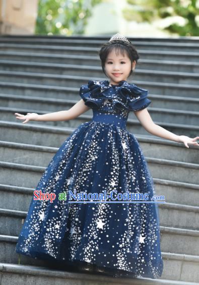 Top Grade Catwalks Court Princess Navy Veil Dress Compere Modern Fancywork Stage Show Dance Costume for Kids