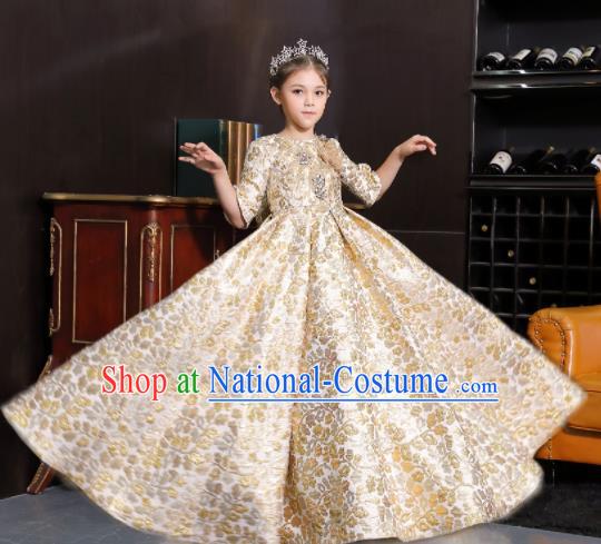 Top Grade Catwalks Court Princess Golden Dress Compere Modern Fancywork Stage Show Dance Costume for Kids