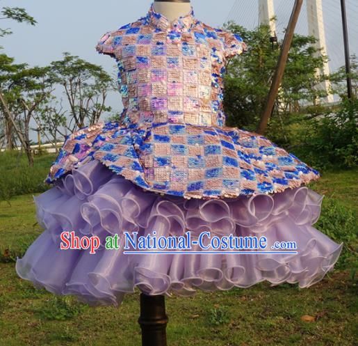 Chinese Stage Performance Full Dress Catwalks Purple Qipao Modern Fancywork Dance Costume for Kids