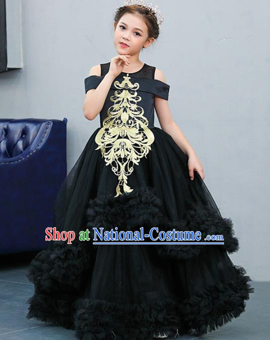 Top Grade Catwalks Court Princess Black Veil Dress Compere Modern Fancywork Stage Show Dance Costume for Kids