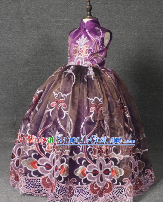 Chinese Stage Performance Purple Full Dress Catwalks Modern Fancywork Dance Costume for Kids