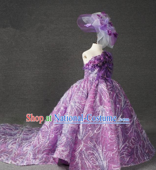 Top Grade Catwalks Court Princess Purple Trailing Dress Compere Modern Fancywork Stage Show Dance Costume for Kids