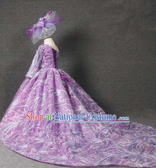 Top Grade Catwalks Court Princess Purple Trailing Dress Compere Modern Fancywork Stage Show Dance Costume for Kids