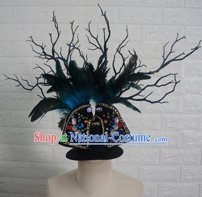 Top Grade Handmade Stage Show Hair Accessories Halloween Cosplay Green Feather Top Hat Headwear for Kids