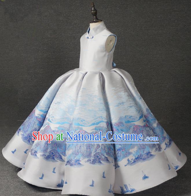 Chinese Stage Performance White Bubble Full Dress Catwalks Modern Fancywork Dance Costume for Kids