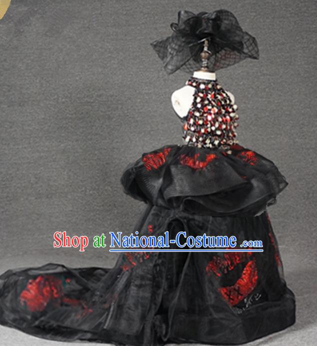 Top Grade Catwalks Stage Show Black Trailing Dress Modern Fancywork Compere Court Princess Dance Costume for Kids