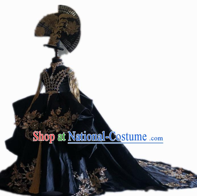 Top Grade Catwalks Stage Show Trailing Dress Modern Fancywork Compere Court Princess Dance Costume for Kids