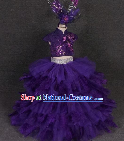 Top Grade Catwalks Stage Show Purple Feather Dress Modern Fancywork Compere Court Princess Dance Costume for Kids